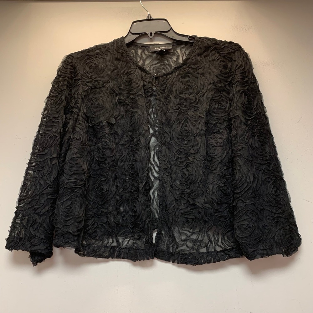 R&M Richards Jacket Women 22W Black Excellent Sheer Mesh Rosette Open Front